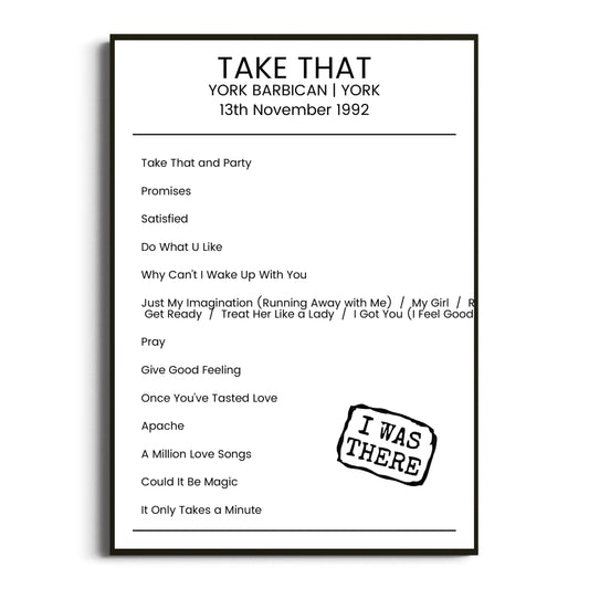 Take That York 13 November 1992 Setlist Poster