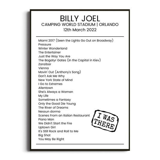 Billy Joel Orlando 12 March 2022 Setlist Poster