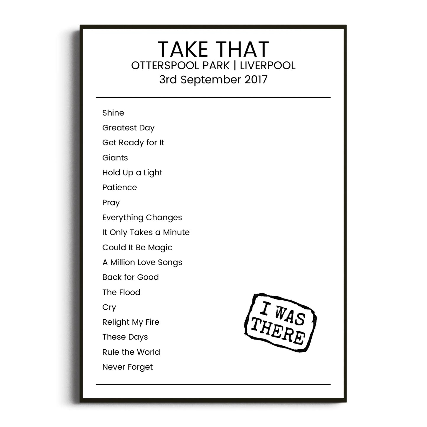 Take That Liverpool 03 September 2017 Setlist Poster