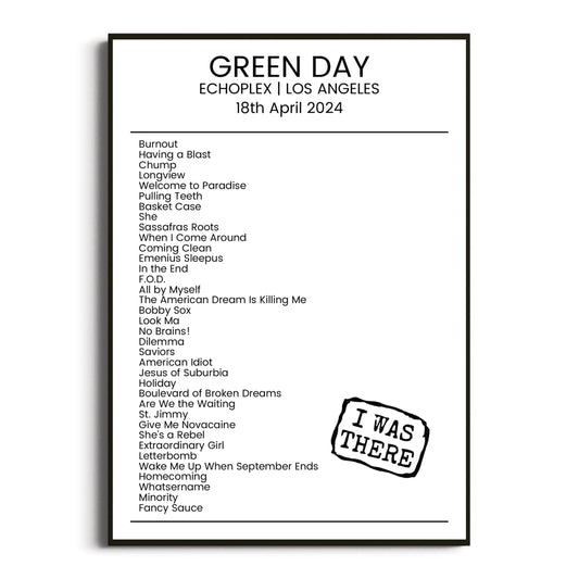 Green Day Los Angeles 18 April 2024 Setlist Poster