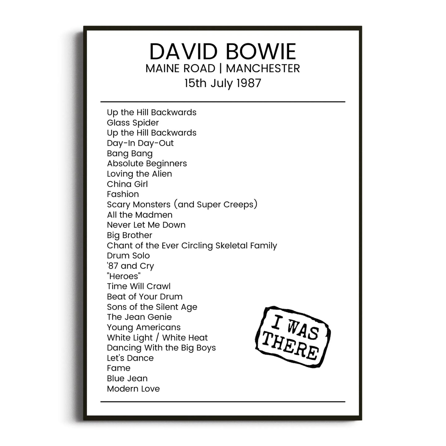 David Bowie Manchester 15 July 1987 Setlist Poster