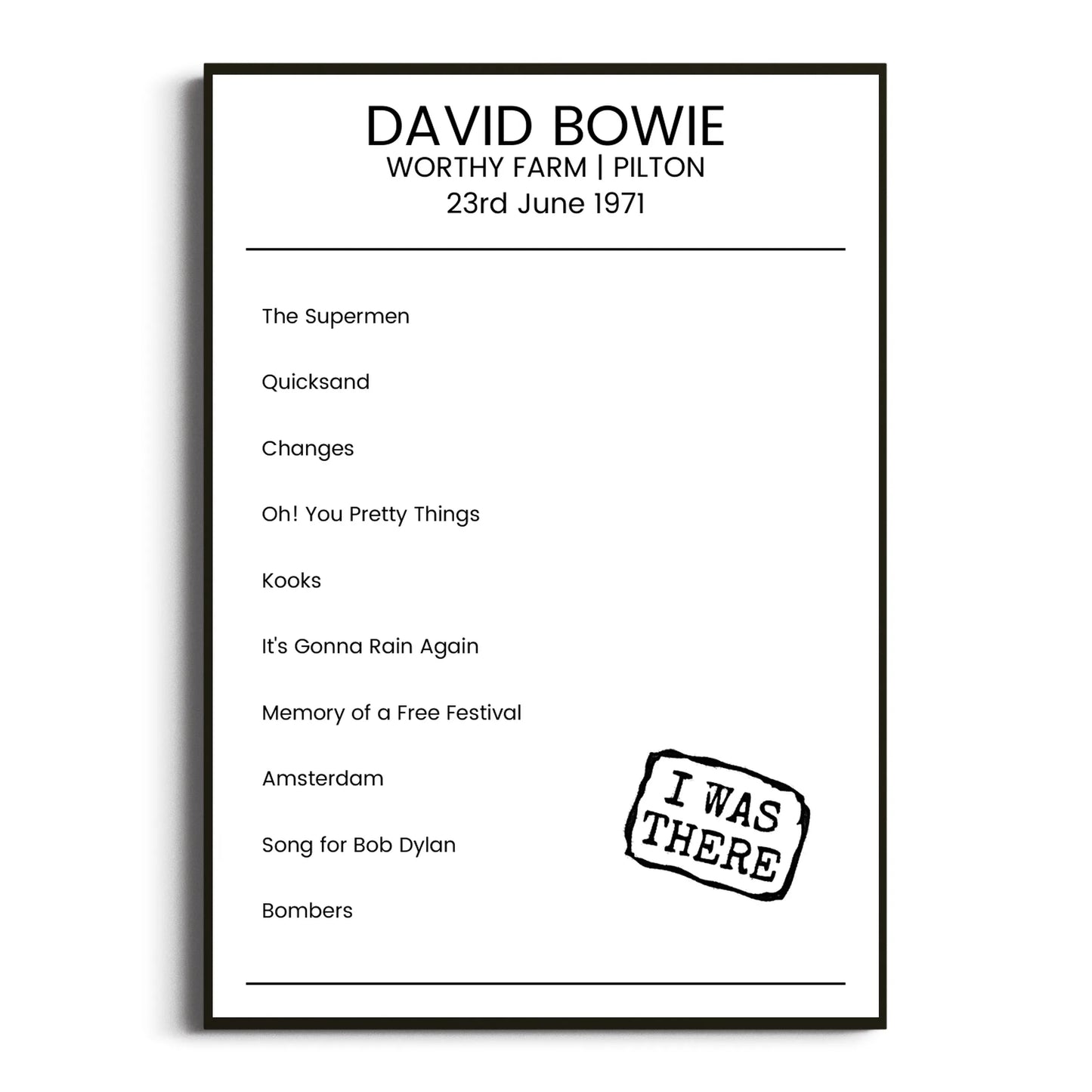 David Bowie Pilton 23 June 1971 Setlist Poster