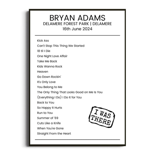 Bryan Adams Delamere 16 June 2024 Setlist Poster