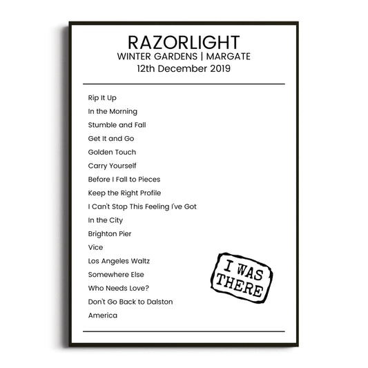 Razorlight Margate 12 December 2019 Setlist Poster