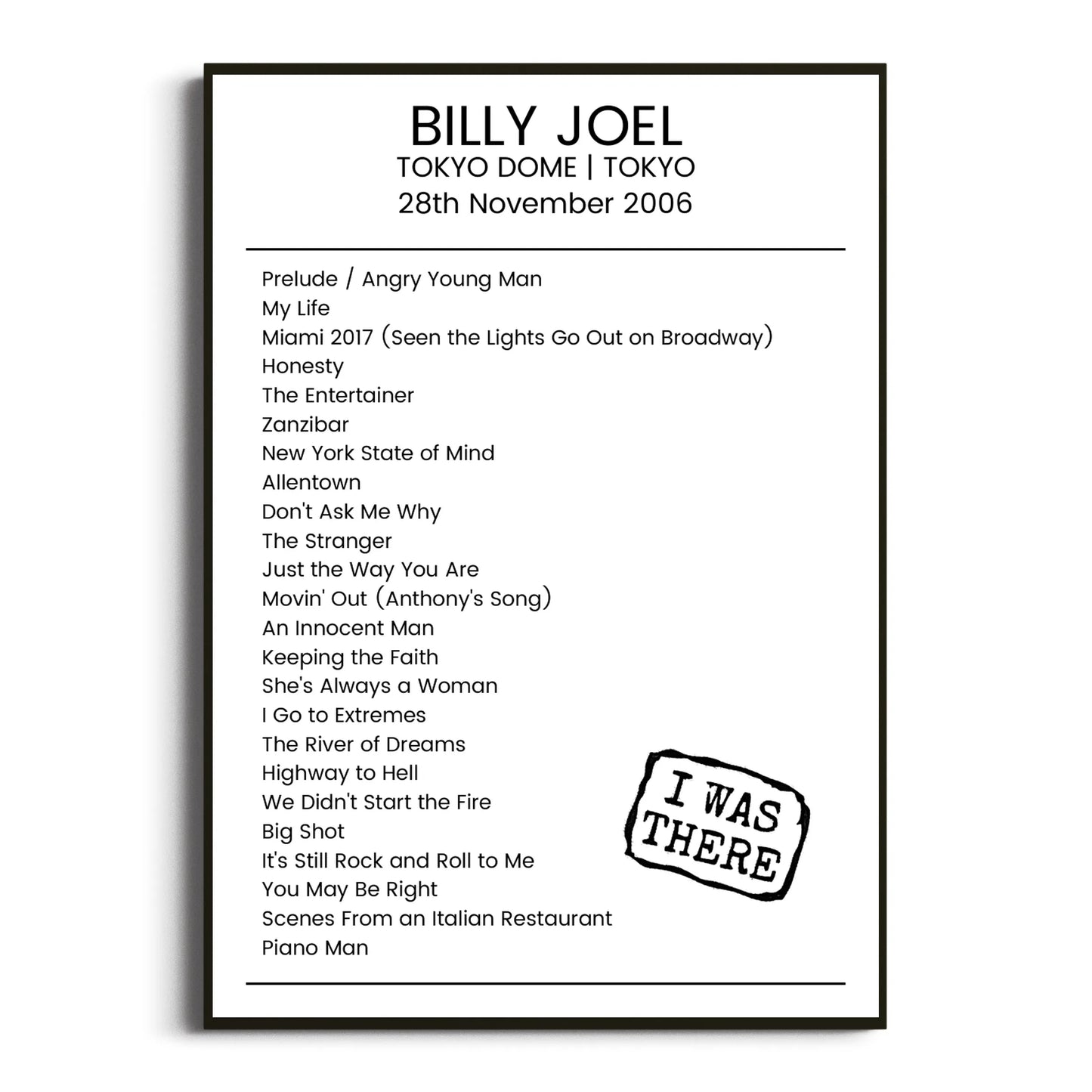 Billy Joel Tokyo 28 November 2006 Setlist Poster