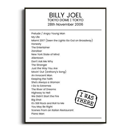 Billy Joel Tokyo 28 November 2006 Setlist Poster