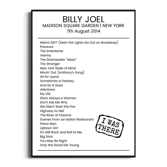 Billy Joel New York 07 August 2014 Setlist Poster