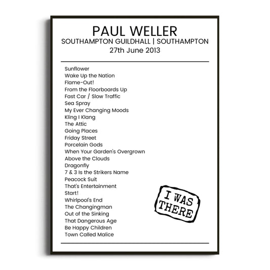 Paul Weller Southampton 27 June 2013 Setlist Poster