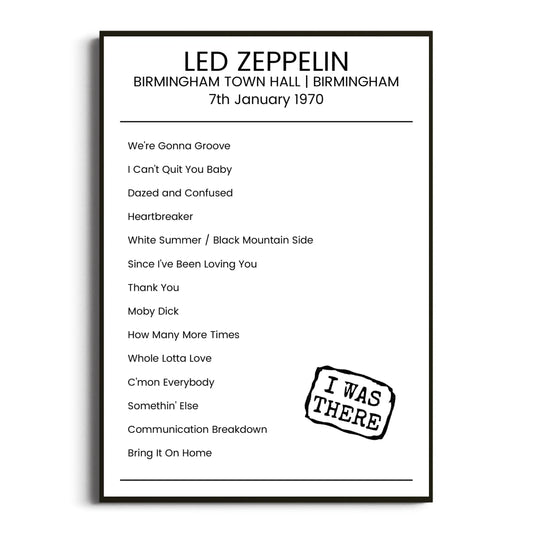 Led Zeppelin Birmingham 07 January 1970 Setlist Poster