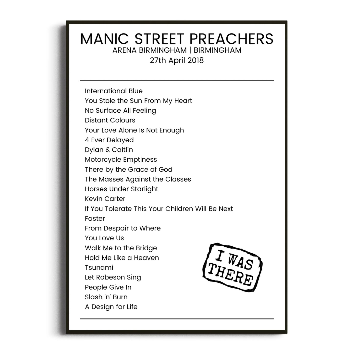 Manic Street Preachers Birmingham 27 April 2018 Setlist Poster