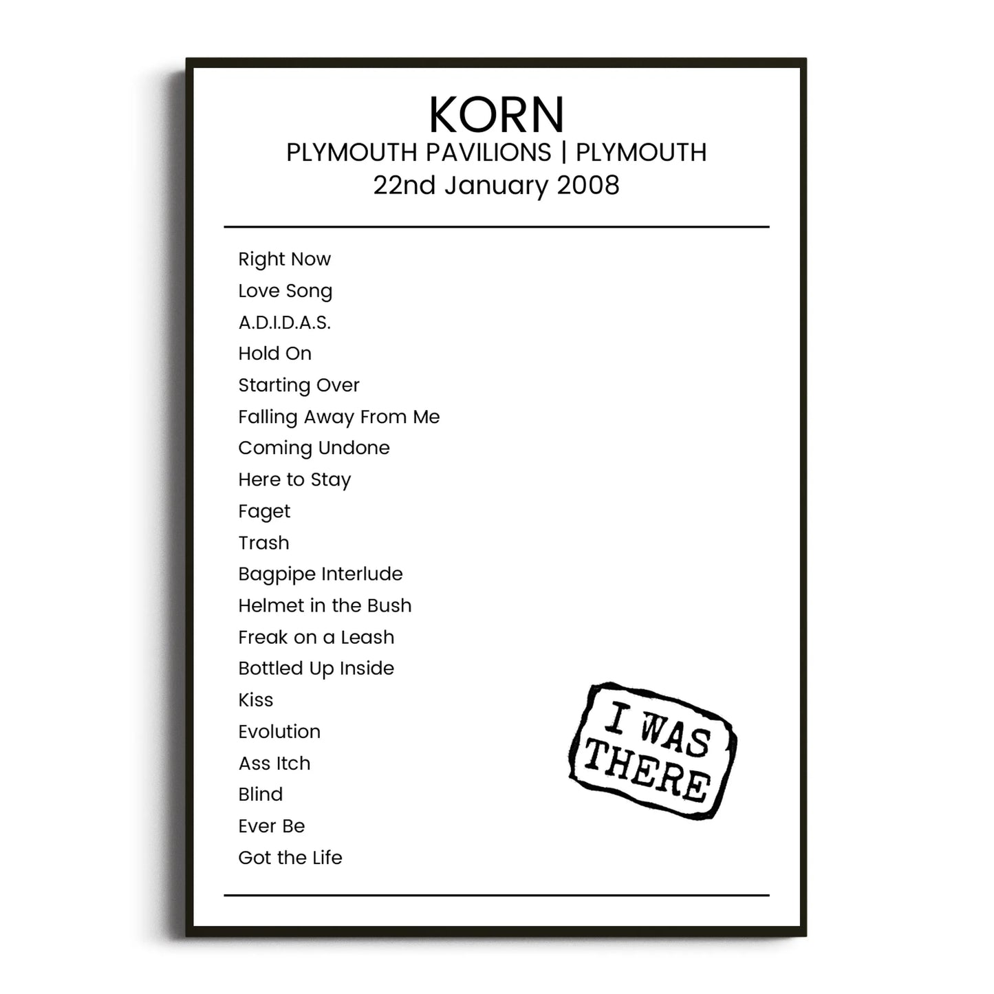 Korn Plymouth 22 January 2008 Setlist Poster