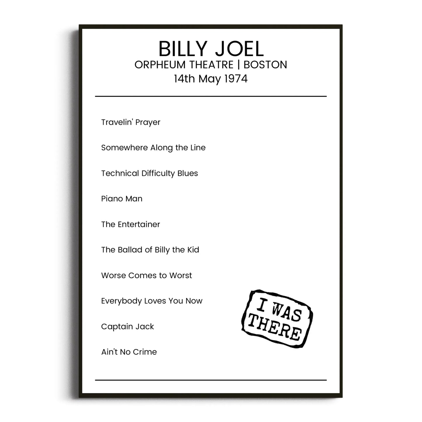 Billy Joel Boston 14 May 1974 Setlist Poster