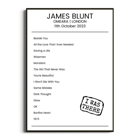 James Blunt London 11 October 2023 Setlist Poster