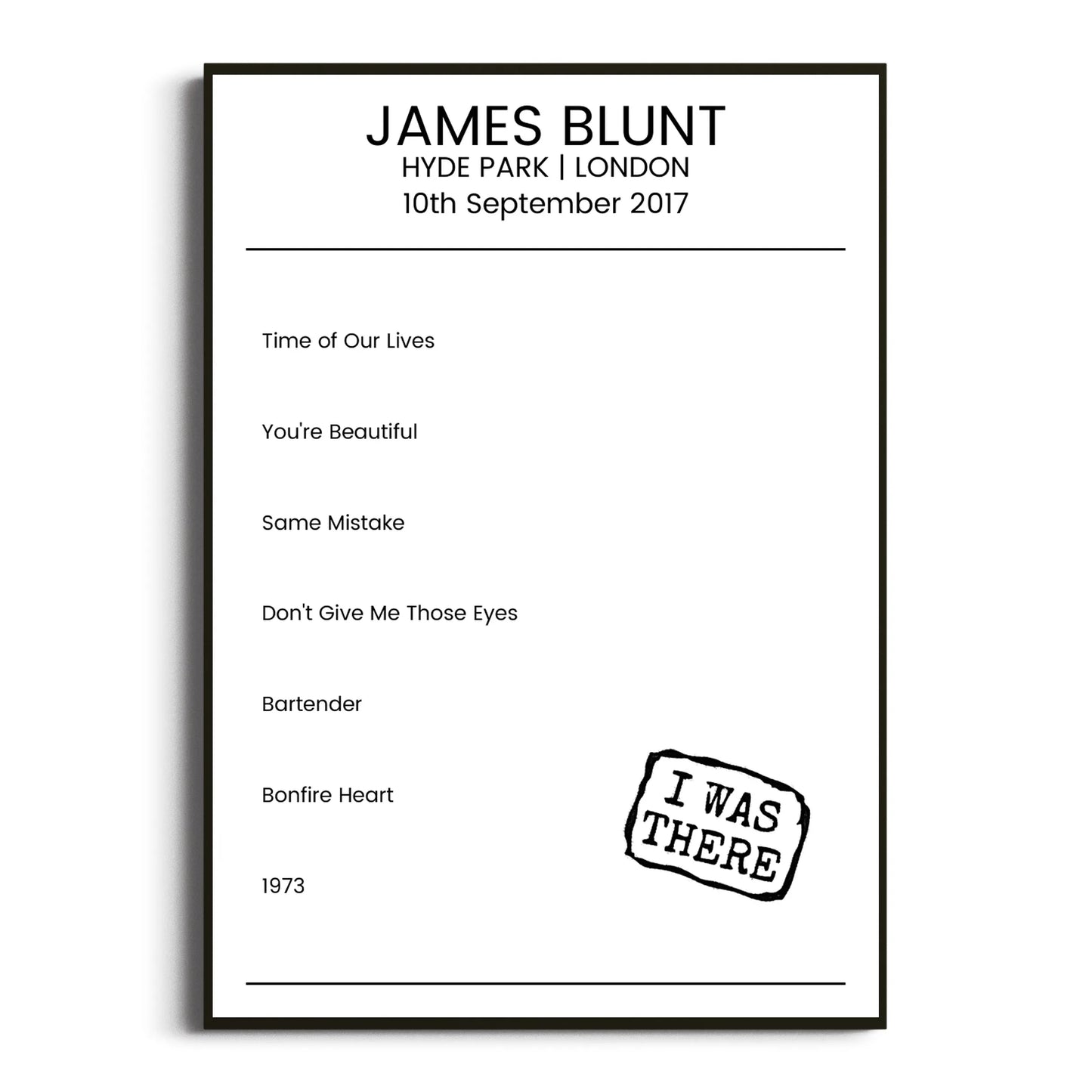 James Blunt London 10 September 2017 Setlist Poster