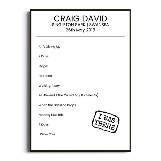 Craig David Swansea 26 May 2018 Setlist Poster