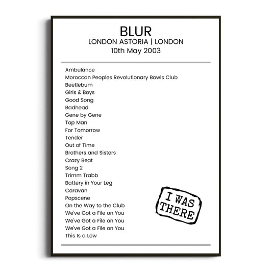 Blur London 10 May 2003 Setlist Poster