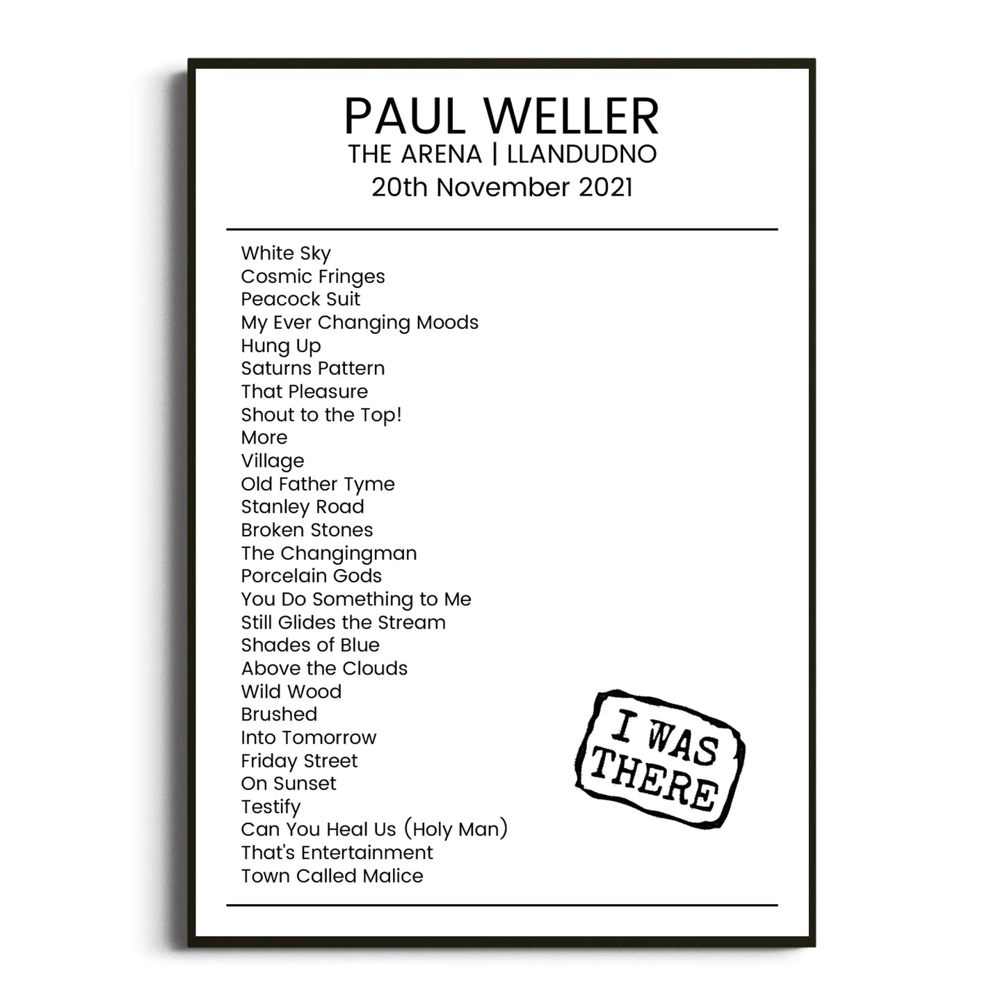 Paul Weller Llandudno 20 November 2021 Setlist Poster