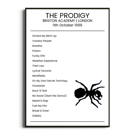 The Prodigy London 11 October 1996 Setlist Poster