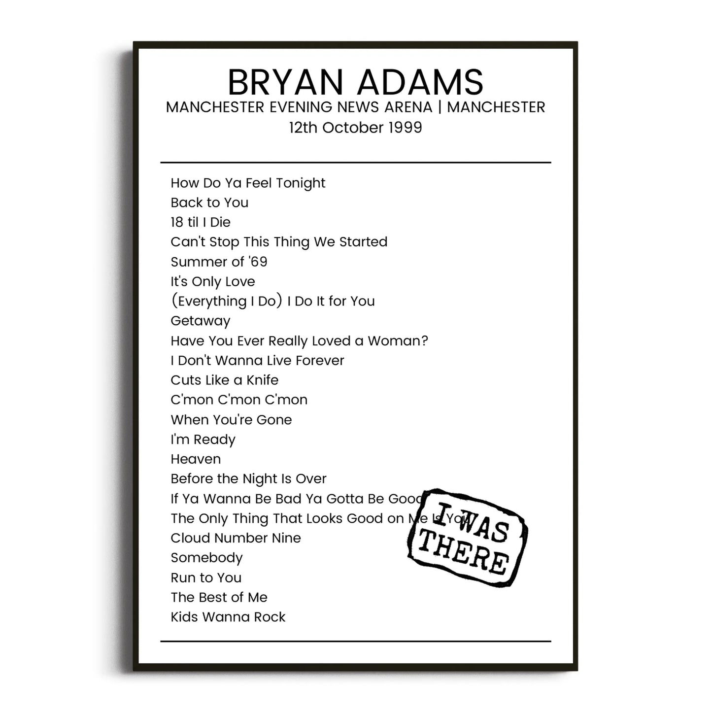 Bryan Adams Manchester 12 October 1999 Setlist Poster