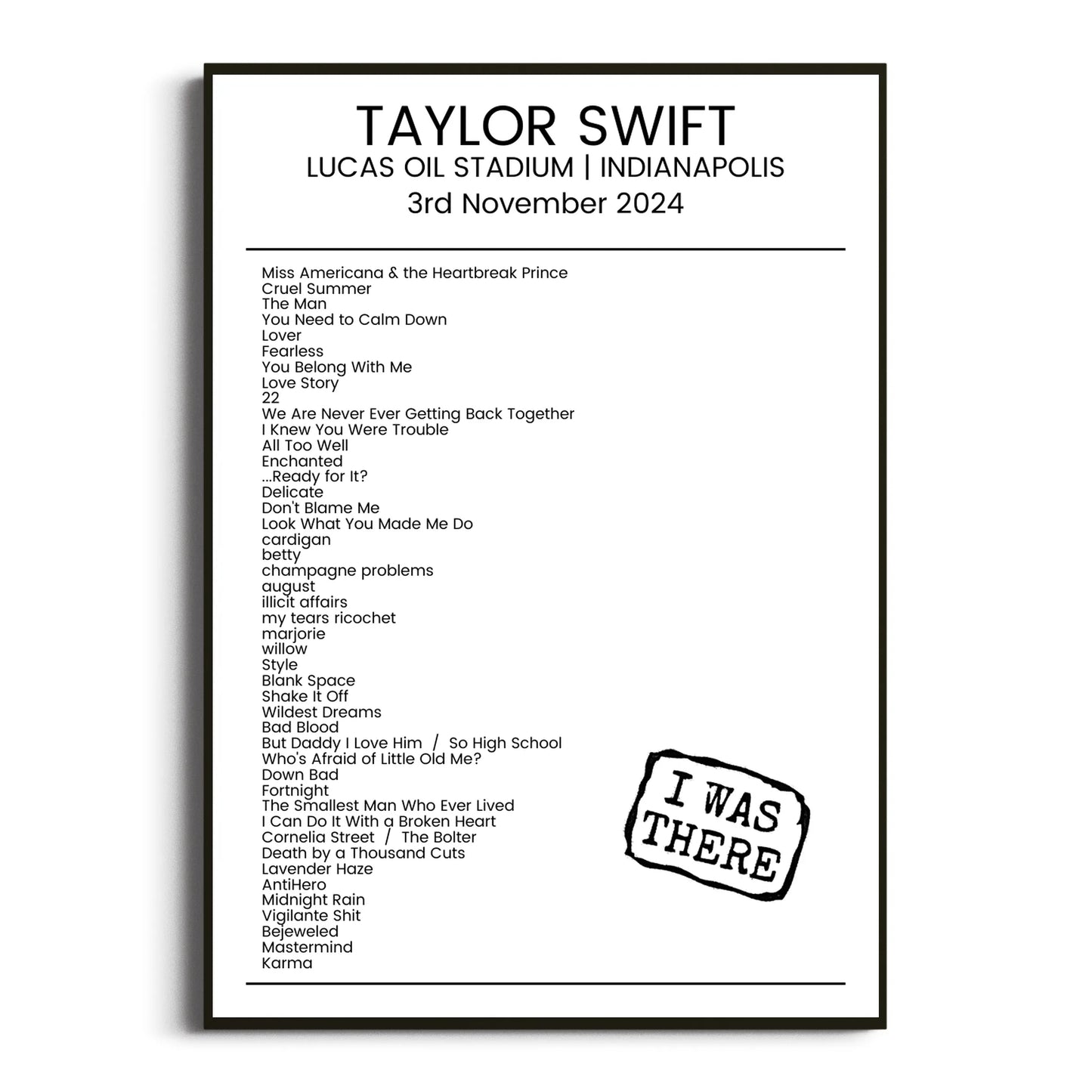 Taylor Swift Indianapolis 03 November 2024 Setlist Poster