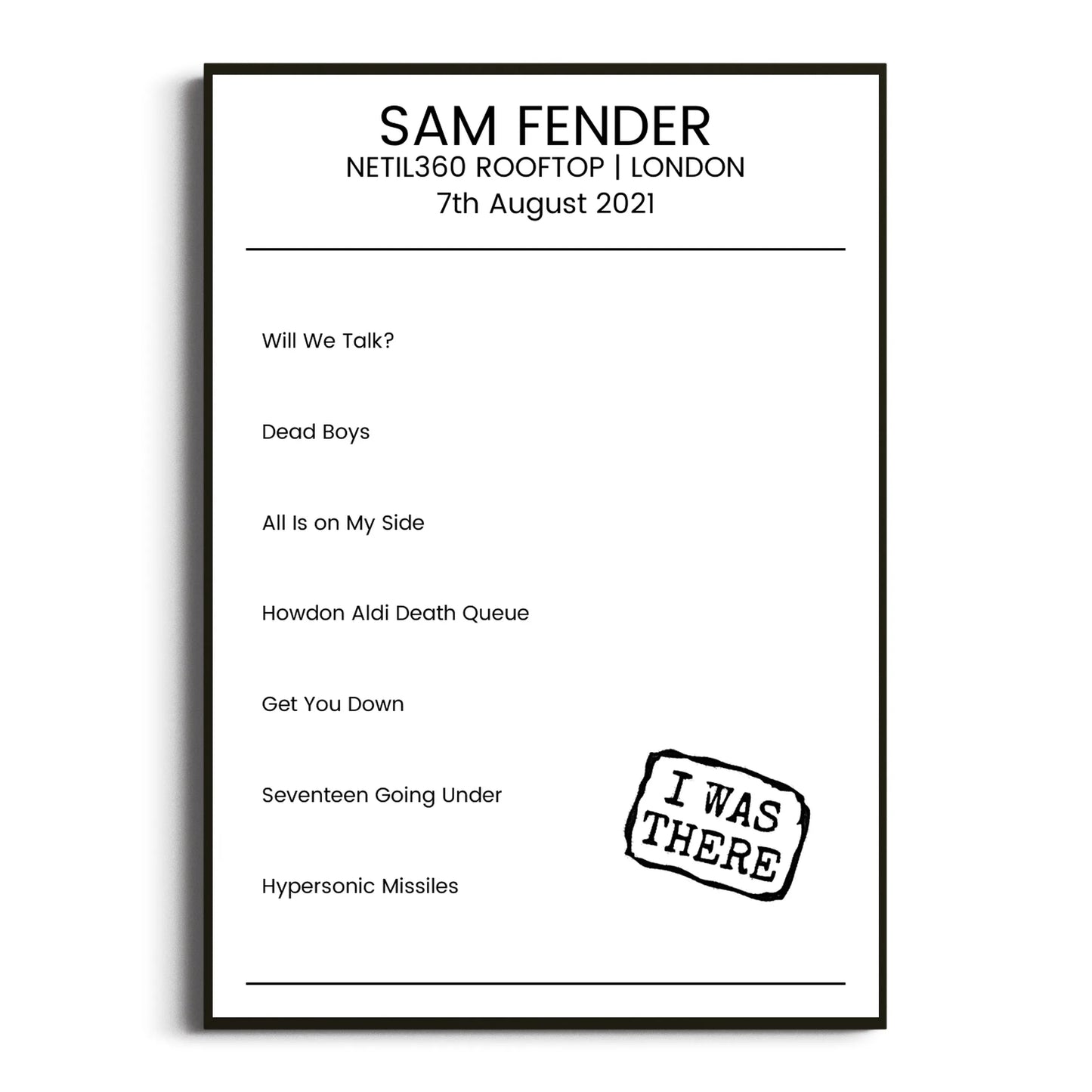 Sam Fender London 07 August 2021 Setlist Poster