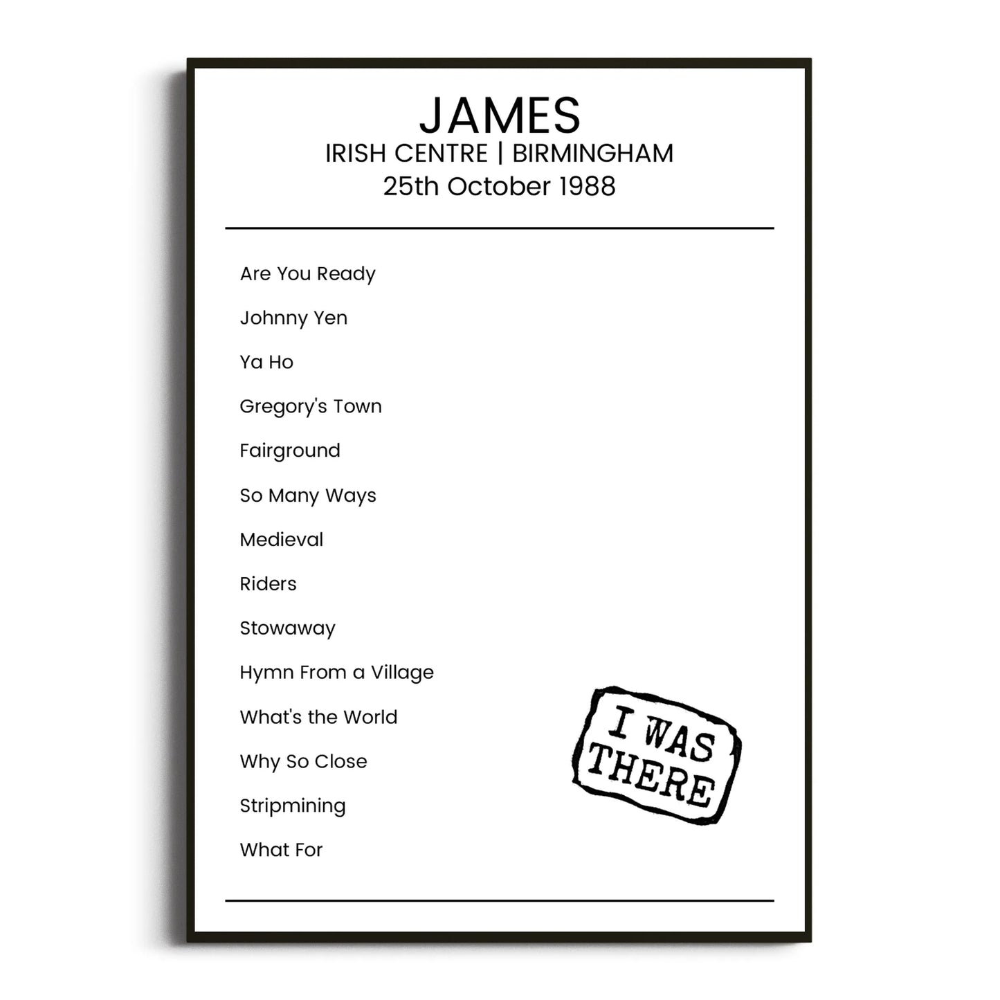 James Birmingham 25 October 1988 Setlist Poster