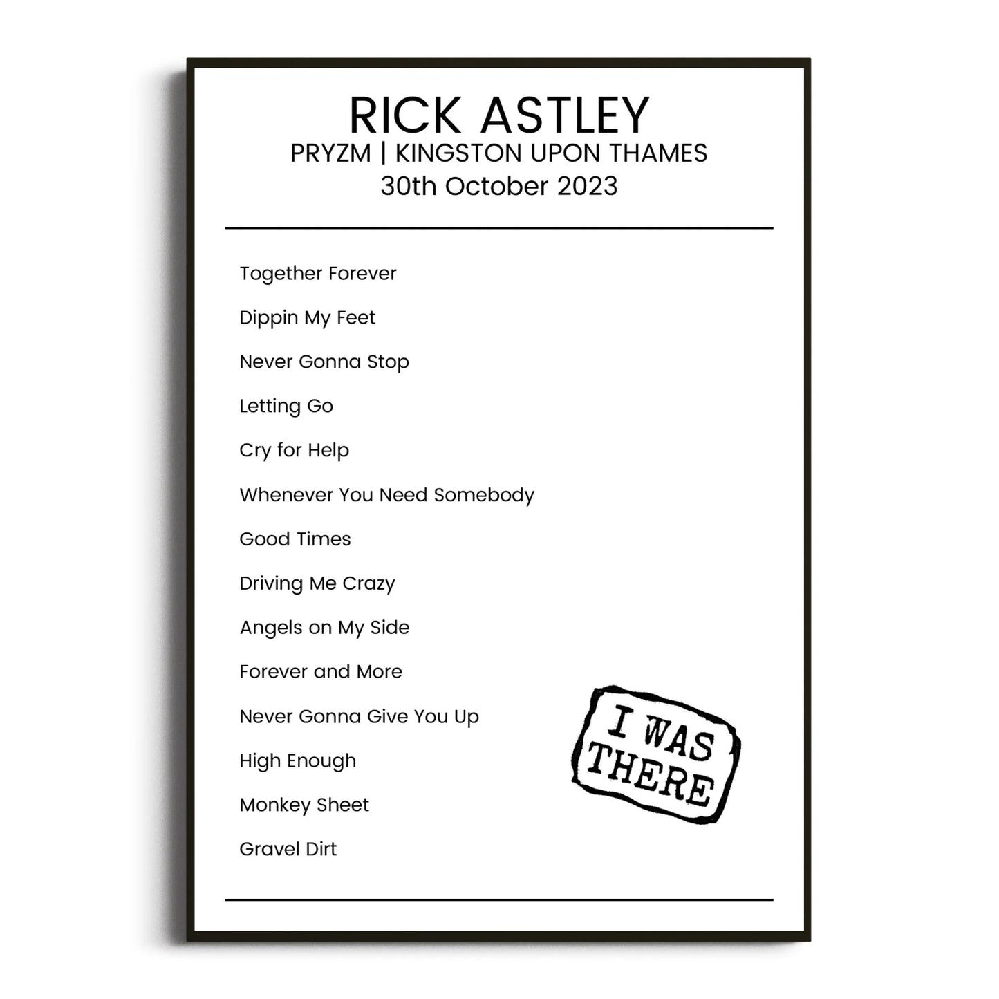 Rick Astley Kingston upon Thames 30 October 2023 Setlist Poster