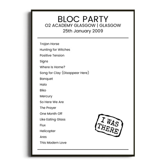 Bloc Party Glasgow 25 January 2009 Setlist Poster