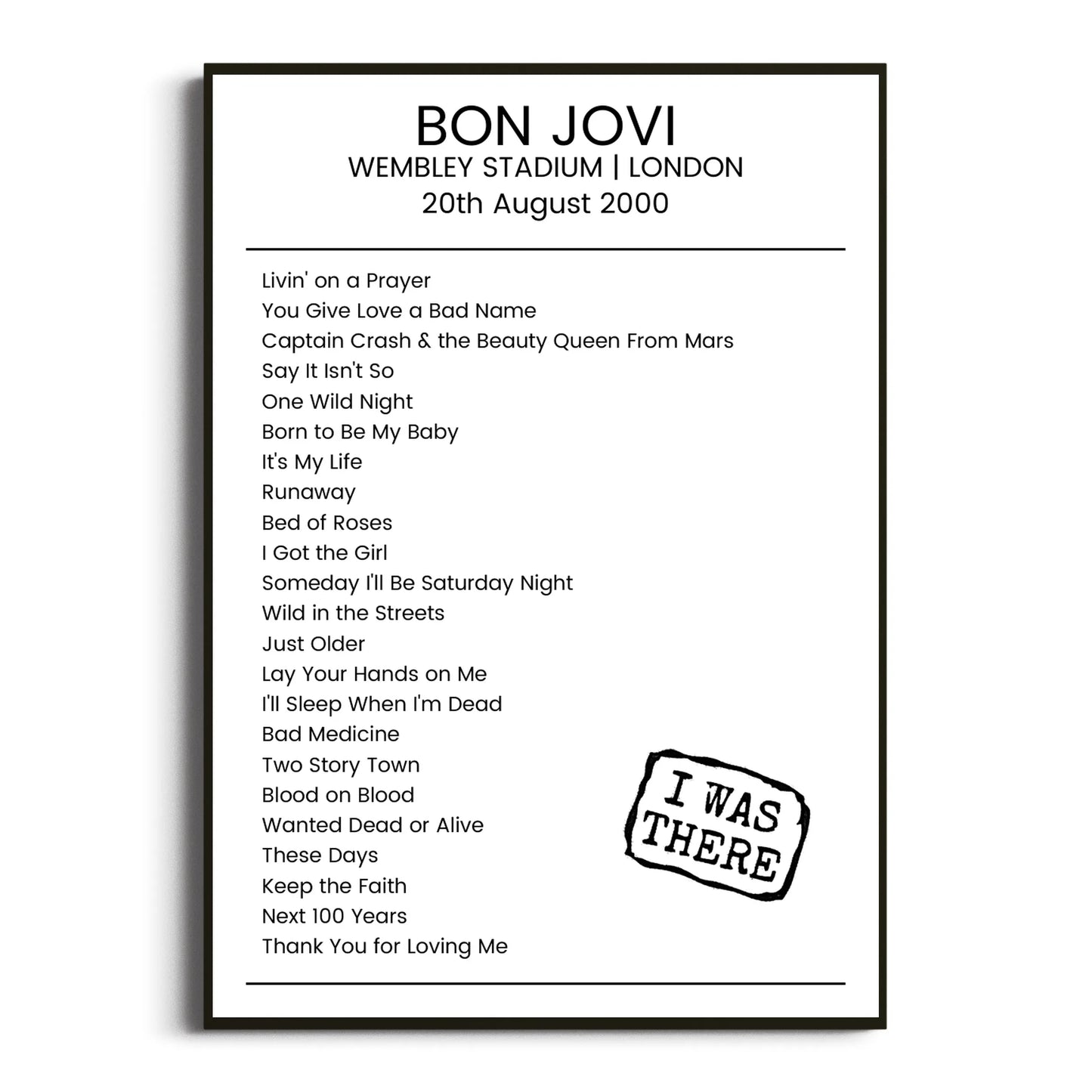 Bon Jovi London 20 August 2000 Setlist Poster