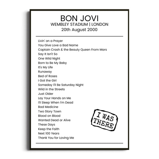 Bon Jovi London 20 August 2000 Setlist Poster