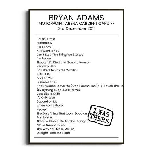 Bryan Adams Cardiff 03 December 2011 Setlist Poster