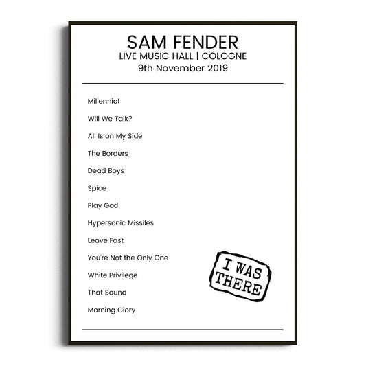 Sam Fender Cologne 09 November 2019 Setlist Poster