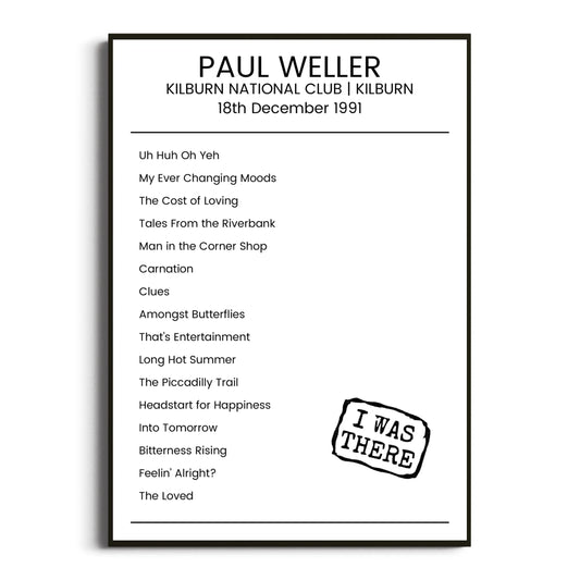 Paul Weller Kilburn 18 December 1991 Setlist Poster