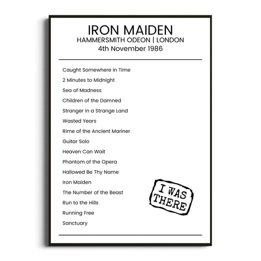 Iron Maiden London 04 November 1986 Setlist Poster