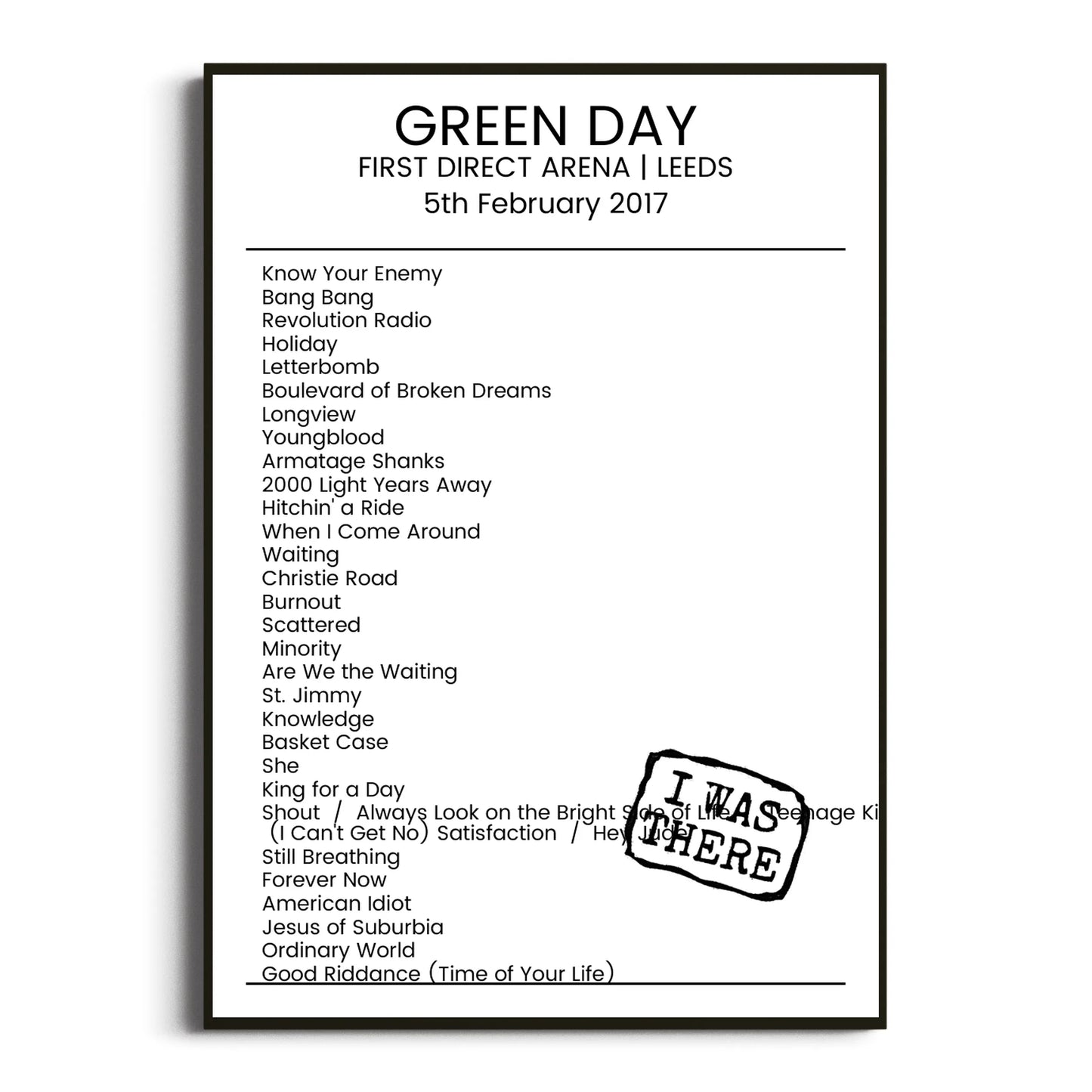 Green Day Leeds 05 February 2017 Setlist Poster