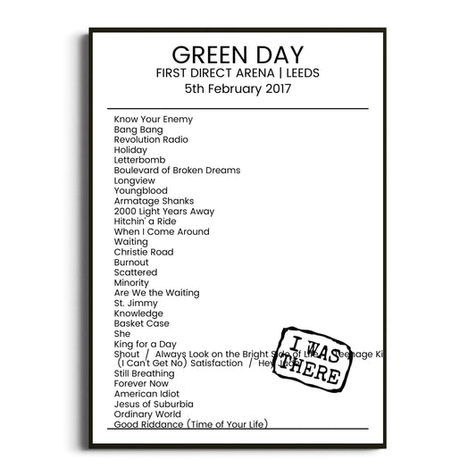 Green Day Leeds 05 February 2017 Setlist Poster