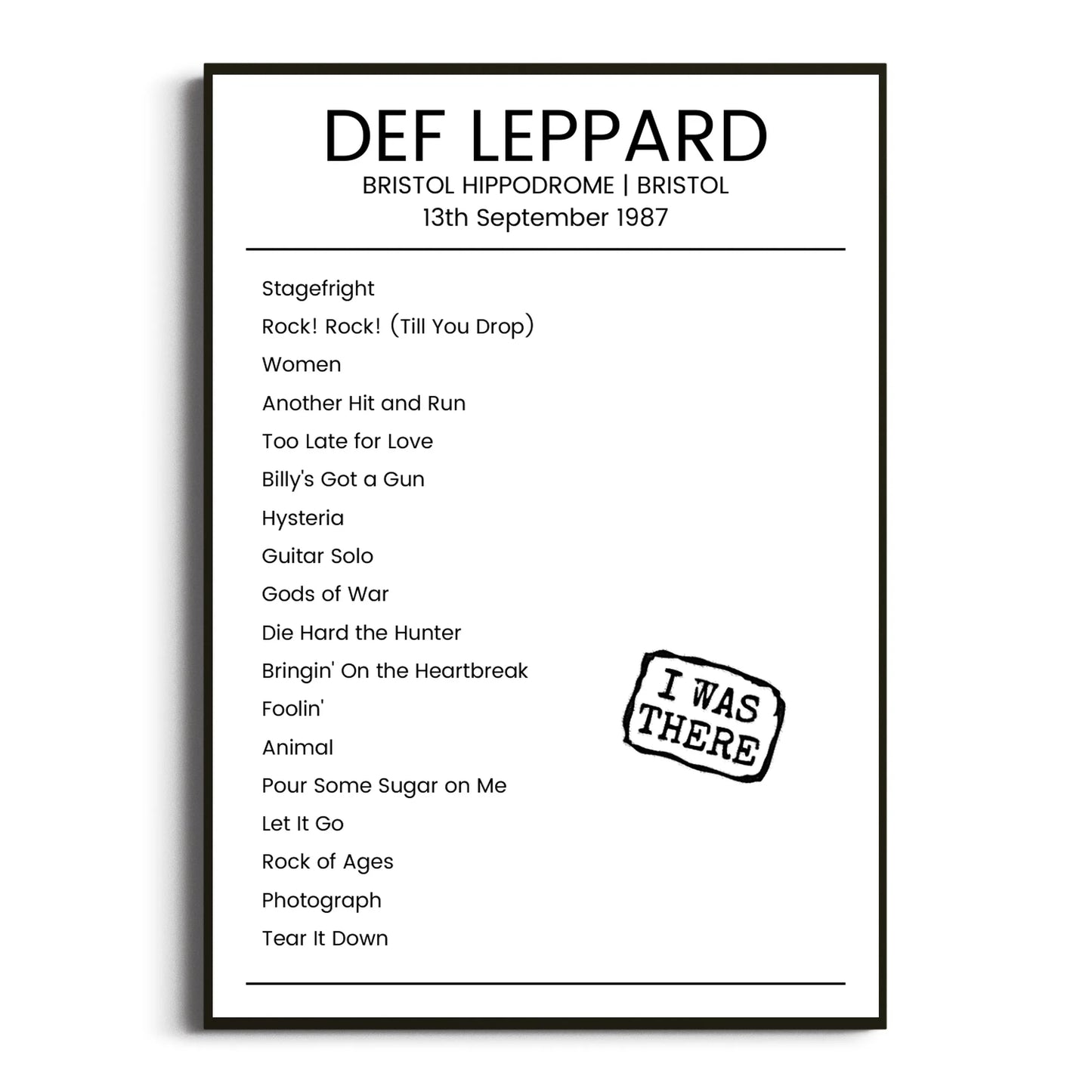 Def Leppard Bristol 13 September 1987 Setlist Poster