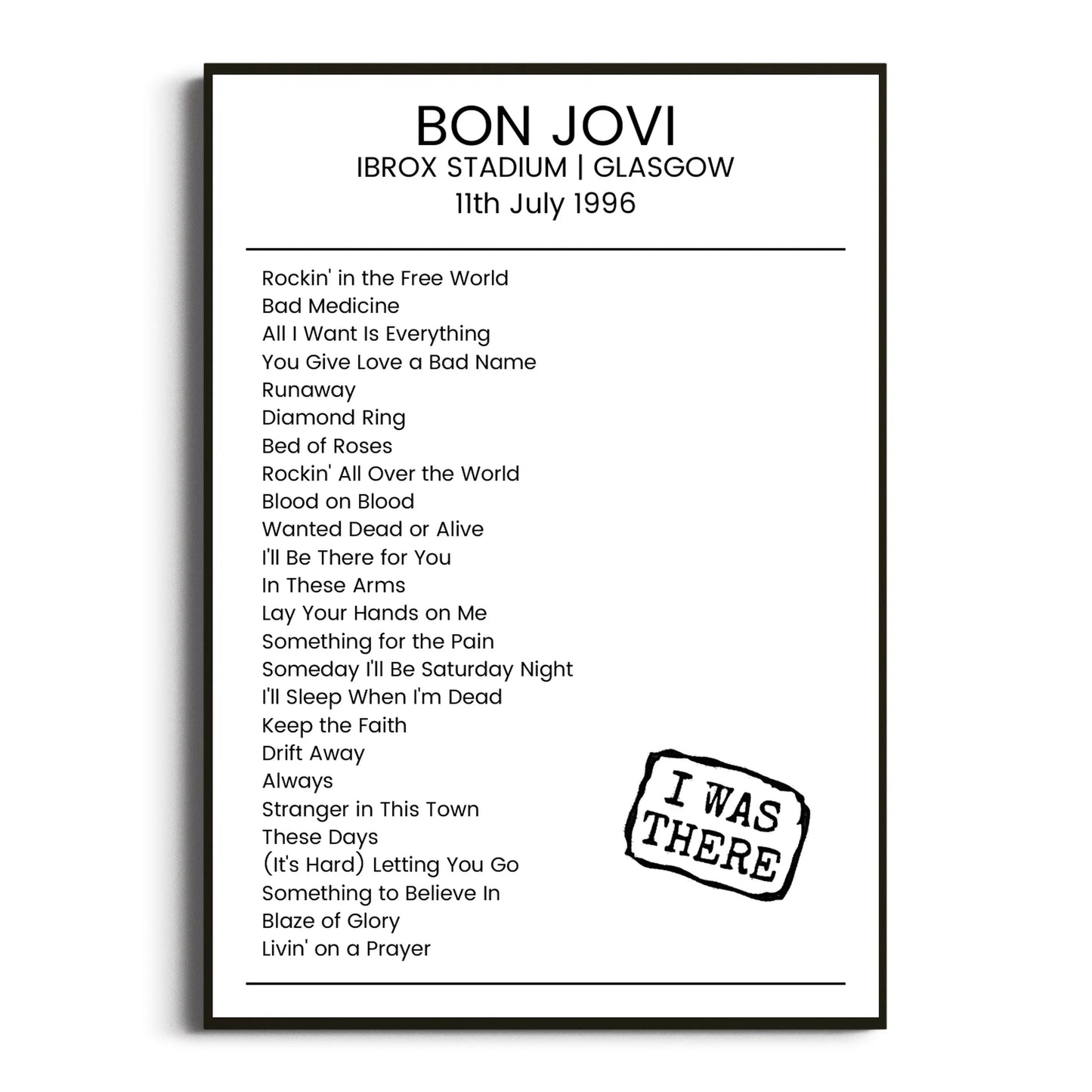 Bon Jovi Glasgow 11 July 1996 Setlist Poster