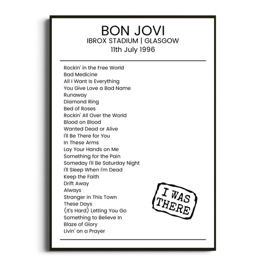 Bon Jovi Glasgow 11 July 1996 Setlist Poster