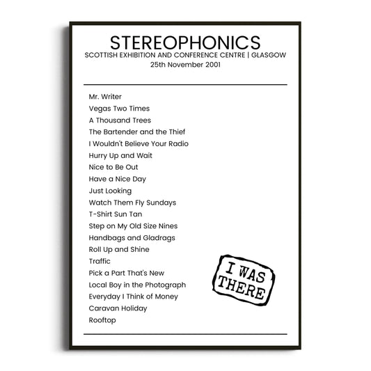 Stereophonics Glasgow 25 November 2001 Setlist Poster