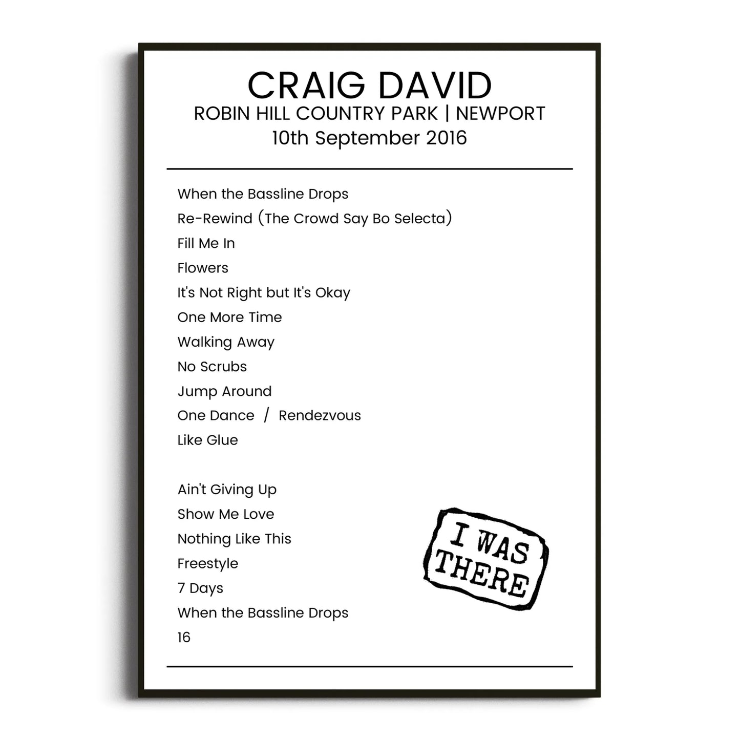 Craig David Newport 10 September 2016 Setlist Poster