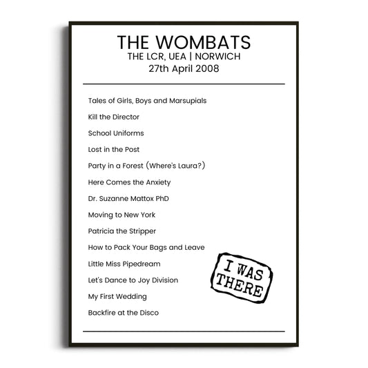 The Wombats Norwich 27 April 2008 Setlist Poster