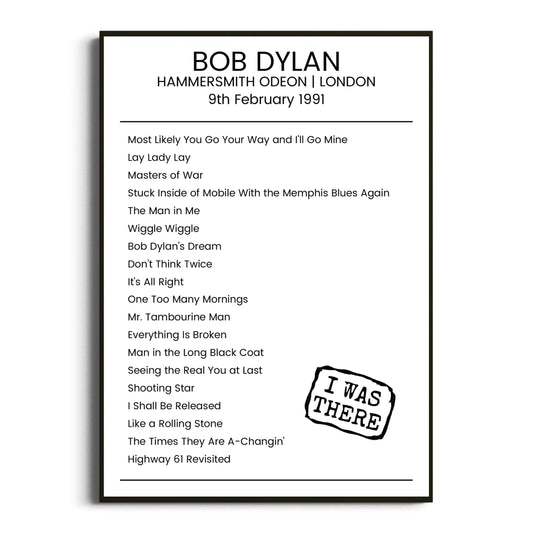 Bob Dylan London 09 February 1991 Setlist Poster