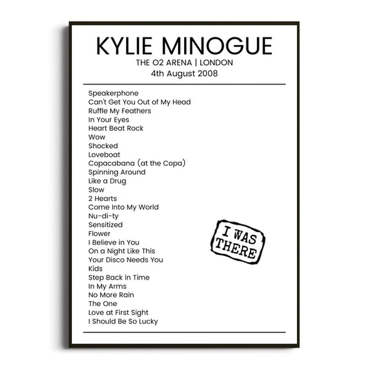 Kylie Minogue London 04 August 2008 Setlist Poster