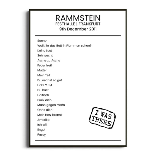 Rammstein Frankfurt 09 December 2011 Setlist Poster