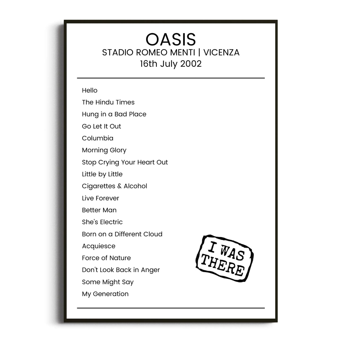 Oasis Vicenza 16 July 2002 Setlist Poster