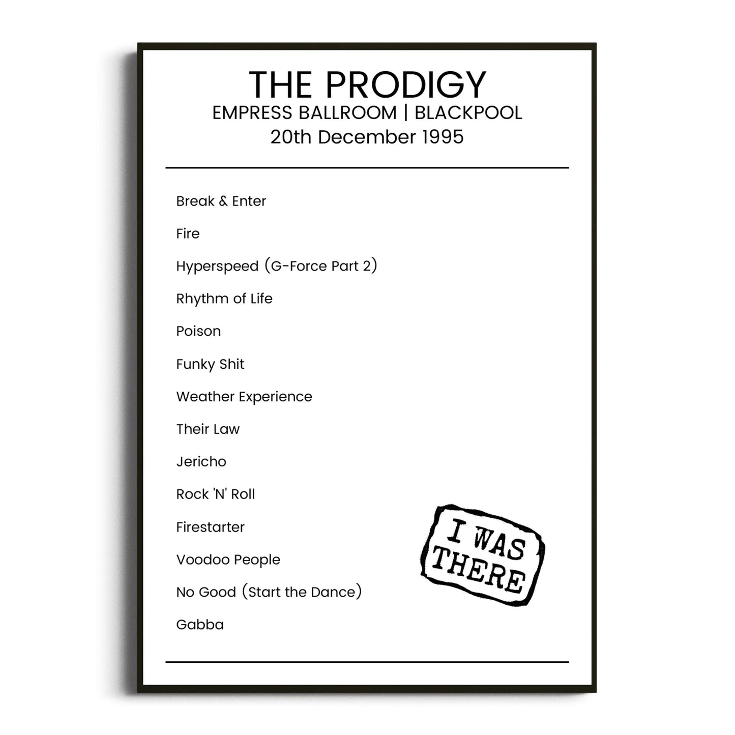 The Prodigy Blackpool 20 December 1995 Setlist Poster