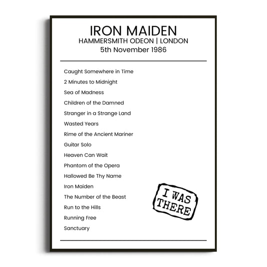 Iron Maiden London 05 November 1986 Setlist Poster