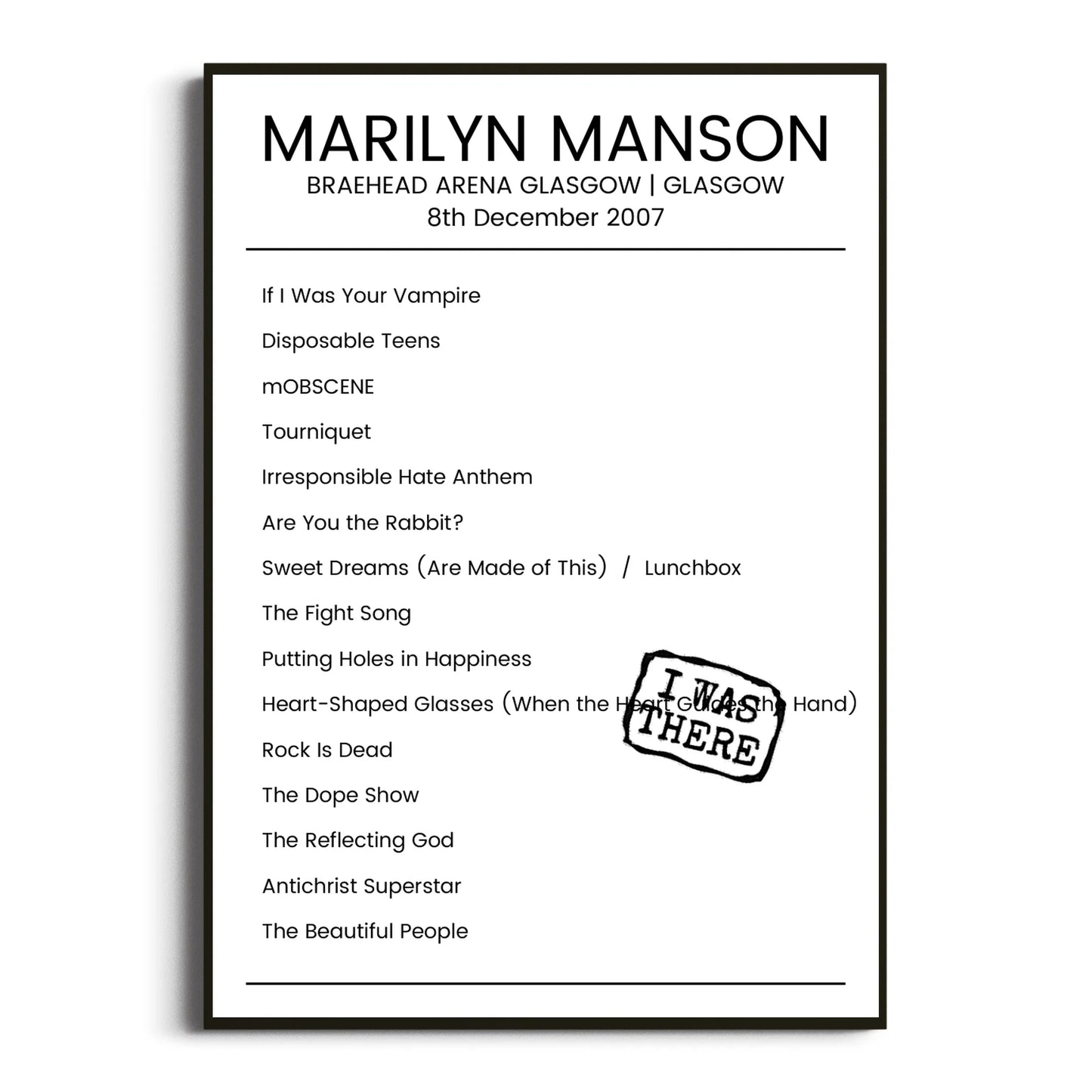 Marilyn Manson Glasgow 08 December 2007 Setlist Poster