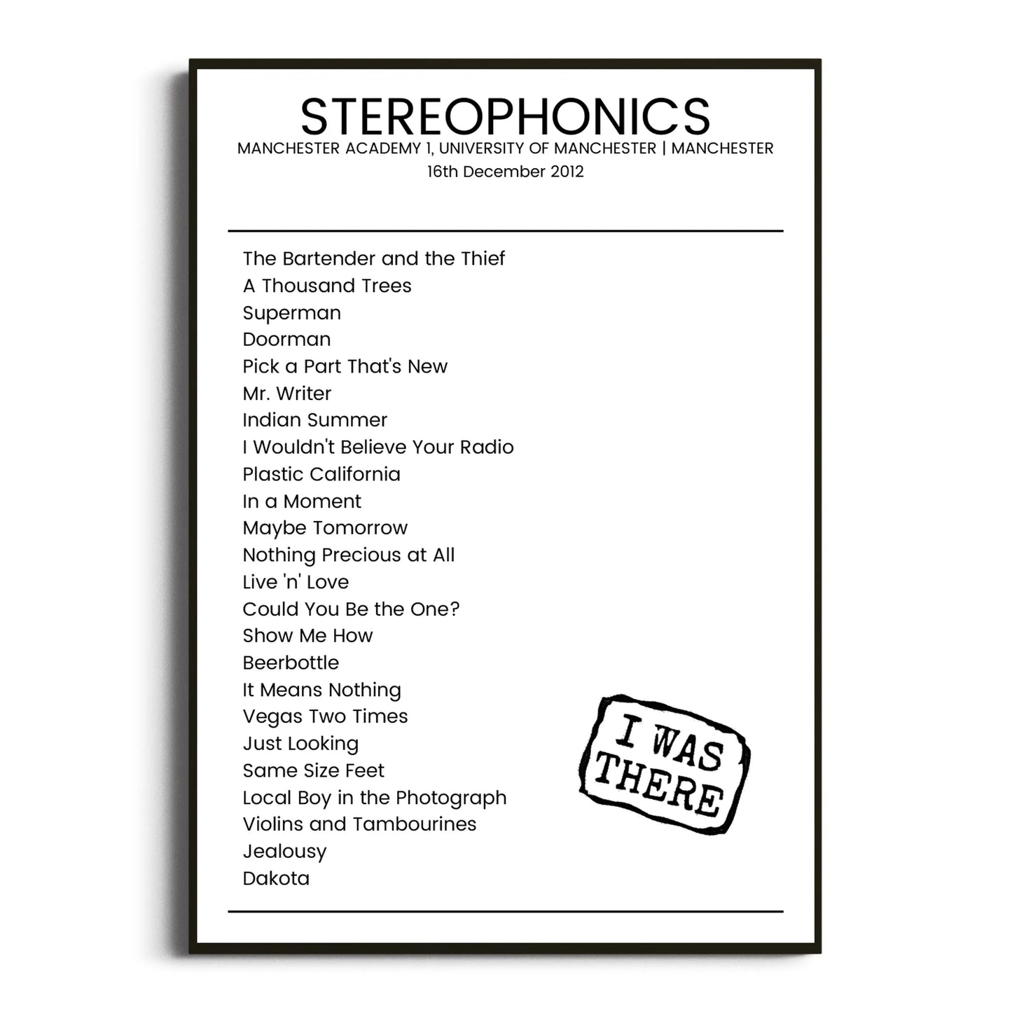 Stereophonics Manchester 16 December 2012 Setlist Poster